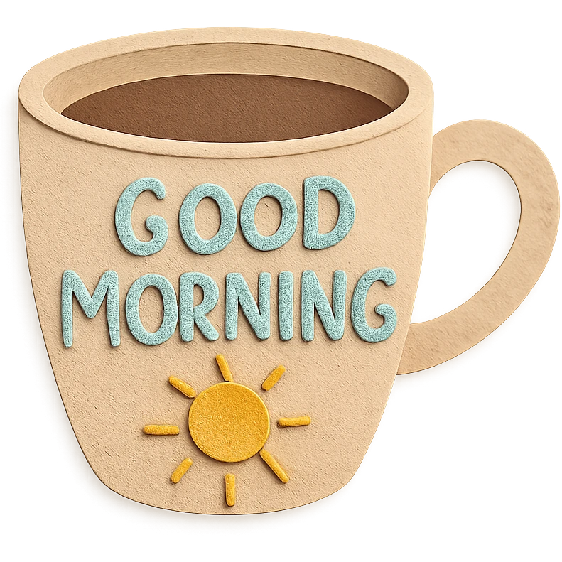 coffee cup with 'Good Morning' pastel handwritten text and sun doodle, transparent background emoji