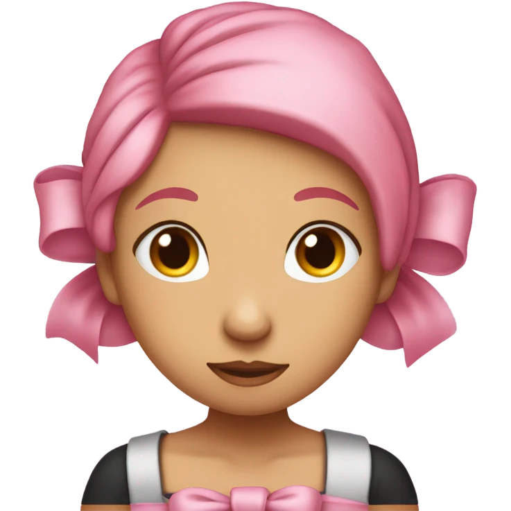 create a girl with pink hair and a bow. The girl should be hugging herself, the girl has her eyes covered and her head lowered sideways on her shoulder emoji