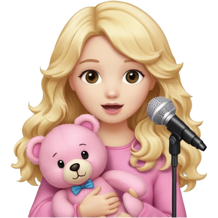 An emoji of a blonde female singer holding a plush pink teddy bear. She has long, wavy golden hair and is singing into a microphone with a passionate expression. The pink teddy bear is soft and fluffy, adding a cute and playful touch. A mix of glamour and sweetness emoji