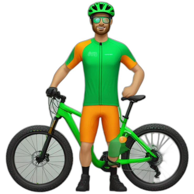 Mountain biker con bicicleta de color verde, pantalones de color negro, y camiseta de color naranja, sin mochila, y corriendo a mucha velocidad emoji