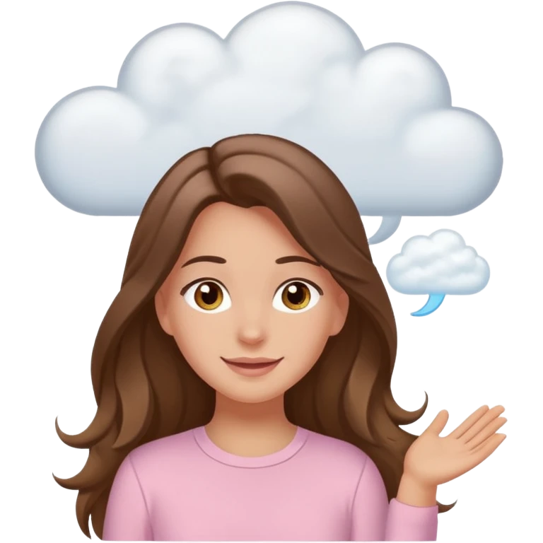 happy white long brunette hair girl with hazel eyes in light pink with white cloud thought bubble emoji