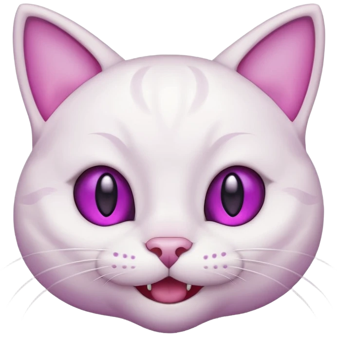 White cat happy smiling with teeth showing, light pink inner ears, magenta purple eyes, looks like discord's :smiley_cat: emoji, male looking emoji