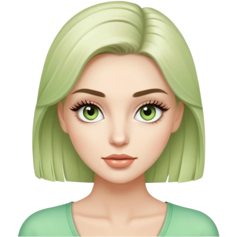 white female fashion model with light green top and lush long eyelashes, beautiful face emoji