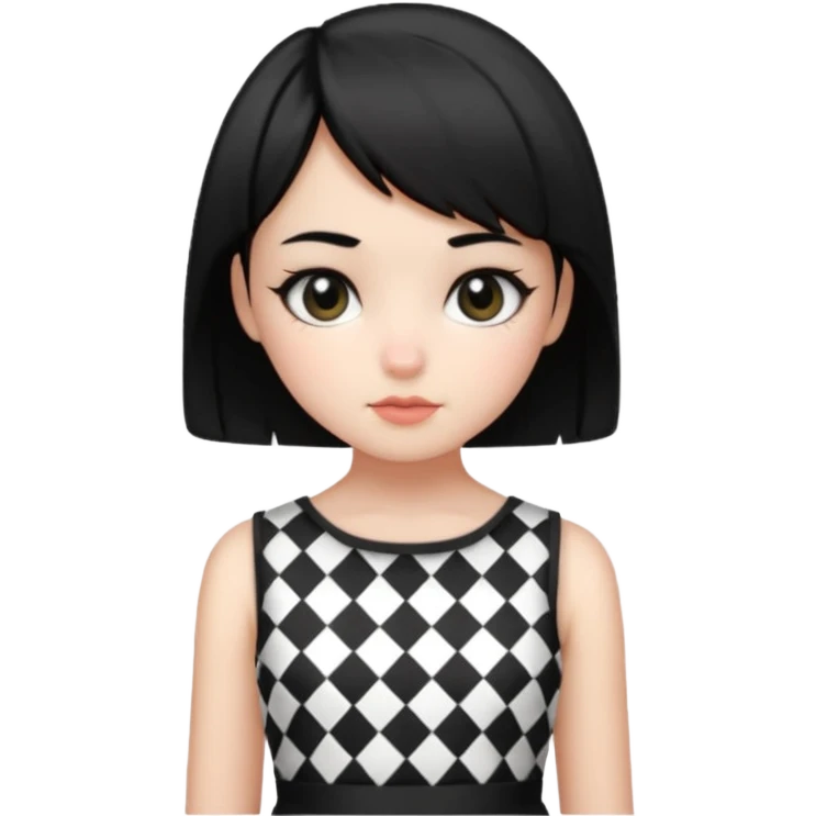 ایموجی دختری با پوست سفید و موهای کوتاه و چشمای مشکی با لباس شطرنجی سیاه و سفید emoji