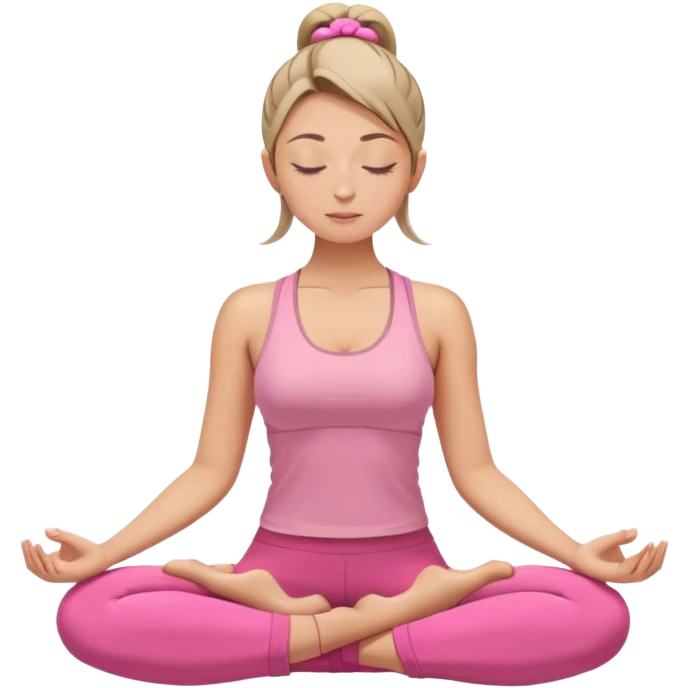 white woman with neat ponytail hairstyle, sitting in lotus position, meditating with closed eyes and serene expression, wearing pink yoga outfit emoji