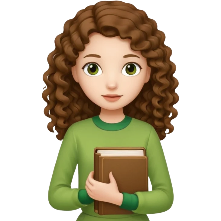 A girl with long brown curls and a green outfit holding a stacking book in her hand emoji