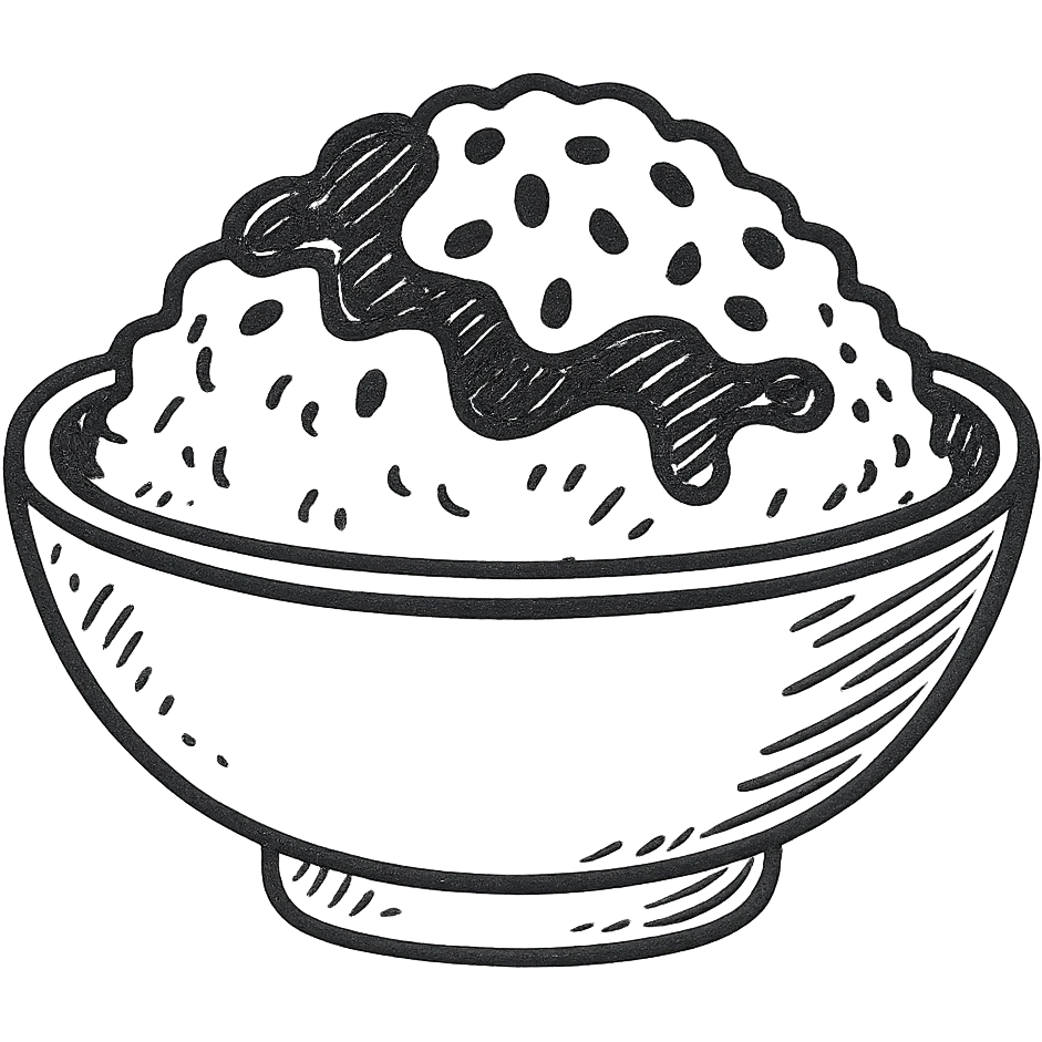 A dish of rice topped with black sesame seeds and soy sauce. emoji