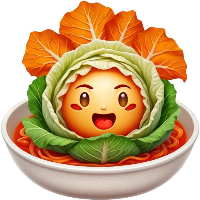 Cinematic Realistic Kimchi Dish Emoji, depicted as a vibrant fermented cabbage dish with a spicy kick rendered with detailed textures and dynamic, appetizing lighting. emoji