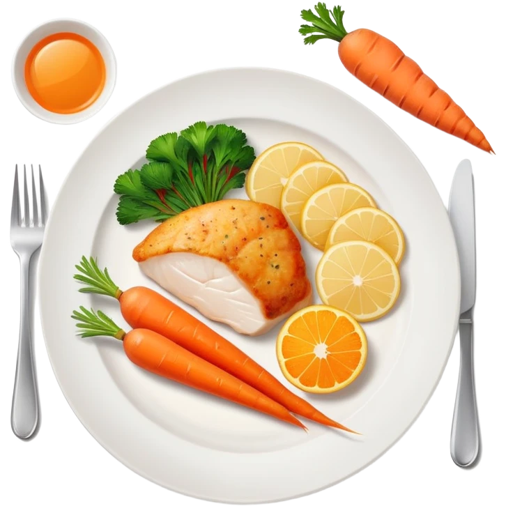 A plate with chicken, fish fillet, and bright orange carrots, with vitamin A nutrition labels emoji
