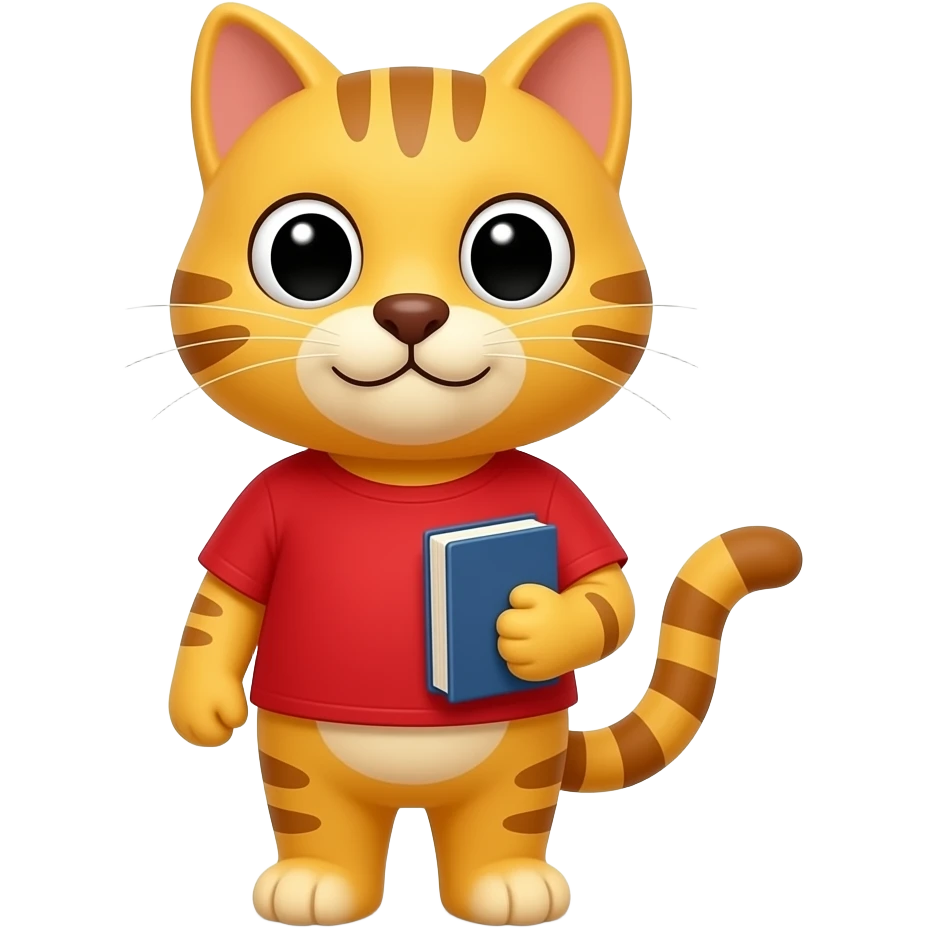 I am a yellow cat in a red t-shirt. I have a big brown nose. I like reading books emoji