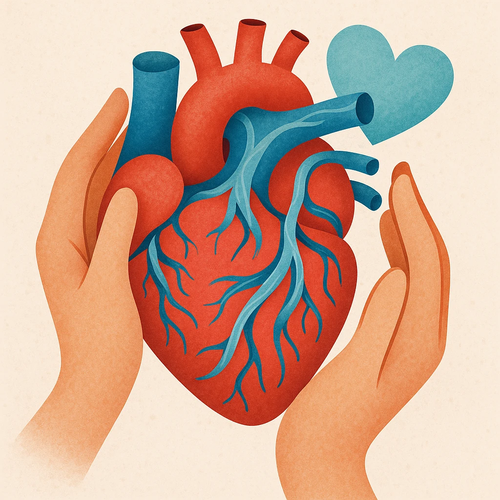 a stylized heart with blue water streams running through its vessels, illustrating a medication that controls blood pressure by regulating fluids, with a sense of care and protection emoji