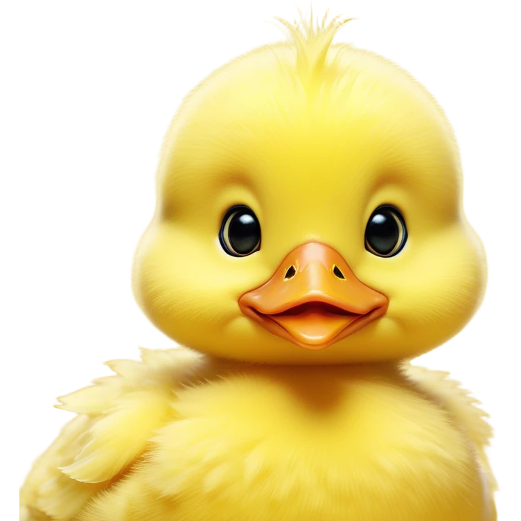 Cinematic Comical Yellow Baby Duck Portrait Emoji, Head tilted dramatically with an exaggeratedly amused expression, featuring a striking, fluffy yellow downy coat with a tiny quirky beak, wide, expressive eyes filled with playful disbelief, Simplified yet hilariously expressive features, highly detailed, glowing with a slightly sassy glow, high shine, dramatic yet playful, stylized with an air of cheeky mischief, bright and endearing, soft glowing outline, capturing the essence of a spirited and over-the-top duckling, so meme-worthy it feels like it could peep its way into internet fame instantly! emoji