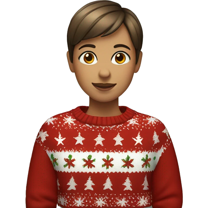 Girl with short brown pixie cut with brown eyes and a Christmas jumper on emoji