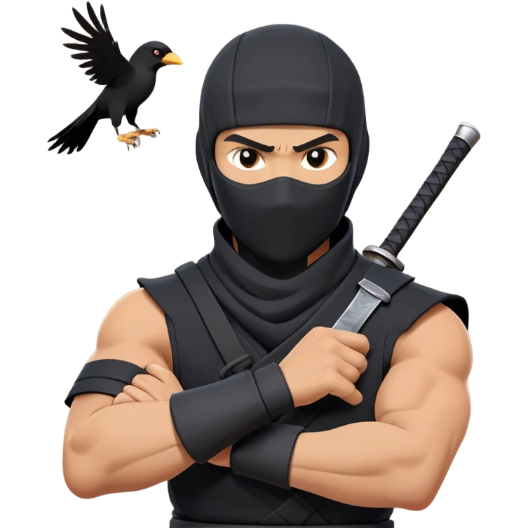 clash-of-clans-aesthetic_-cinematic-mysterious-male-ninja-portrait-emoji, rendered in a flat, vector-style with minimal shading and bold, simplified shapes, his arm is stretched out  with a head slightly turned revealing intense, focused eyes. the ninja has his arm out and perched on top of his forearm is  a black crow emoji