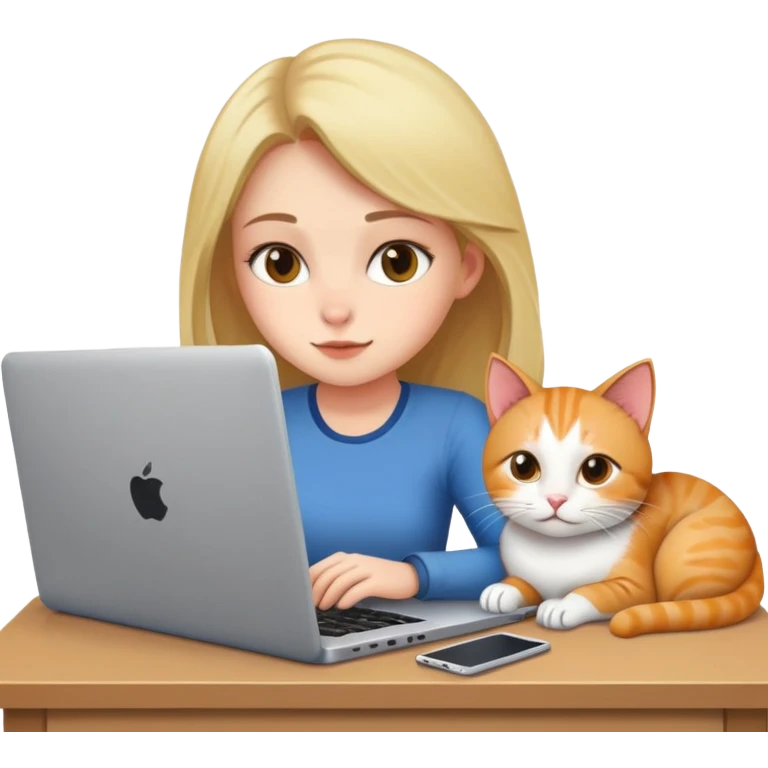 A girl is working on a laptop with a cat lying next to it emoji