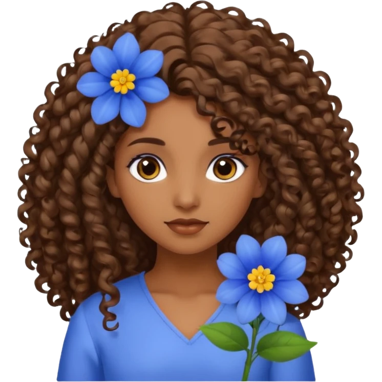 Qro uma moça morena de cabelo cacheado com uma flor azul no cabelo com o cabelo baixo emoji