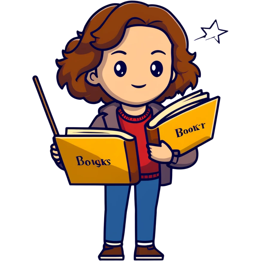 Hermione Granger with stack of books and wand emoji