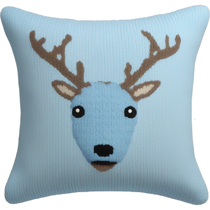 pastel blue knitted pillow with deer print emoji
