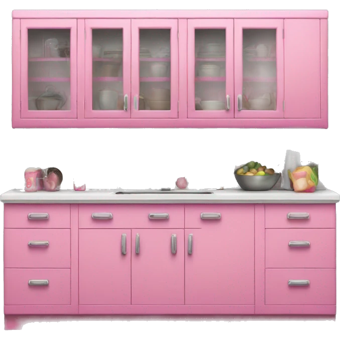 Realistic front facing bubblegum pink kitchen with hanging cabinets.  emoji