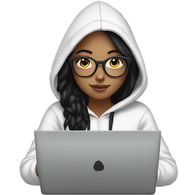 a white tenage girl with black hair and glasses wearing a hoodie working on a laptop emoji