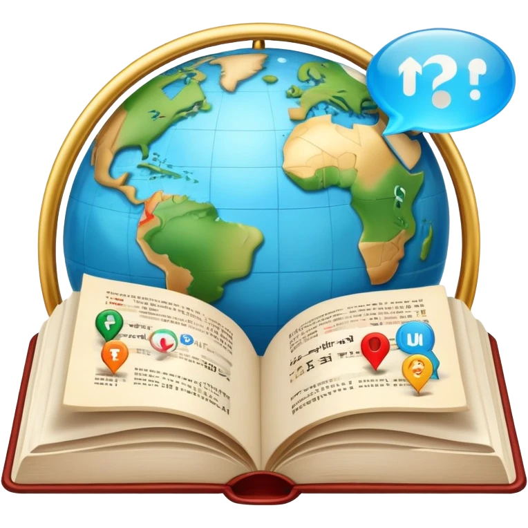 An icon featuring an open book with speech bubbles showing different alphabets—Latin, Cyrillic, Kanji. A globe and translation arrows symbolize global communication and language learning. Transparent background highlights cultural exchange and linguistic diversity. emoji