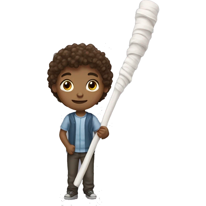 Brown wavy haired boy holding a small white stick emoji