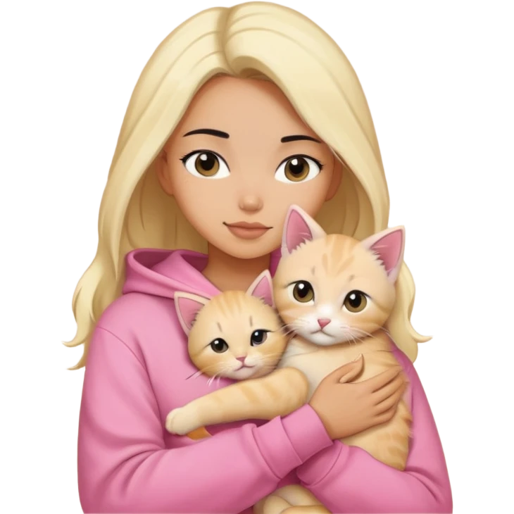 pretty woman wear pink hoodie and her hair is black..hugs a blonde kitten  emoji