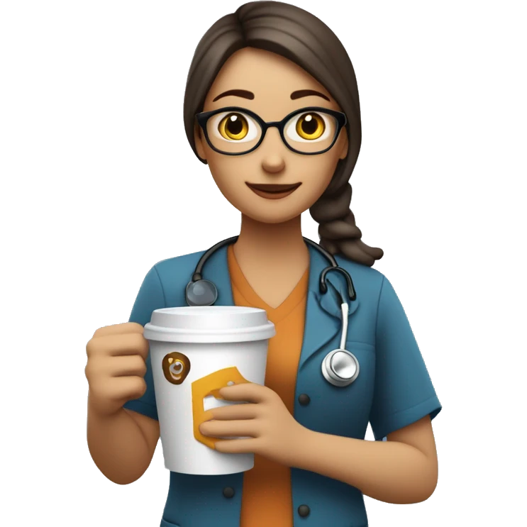 Medium light girl wearing scrap and stethoscope with a Longs logo on her scrap holding cup of coffee ￼ emoji