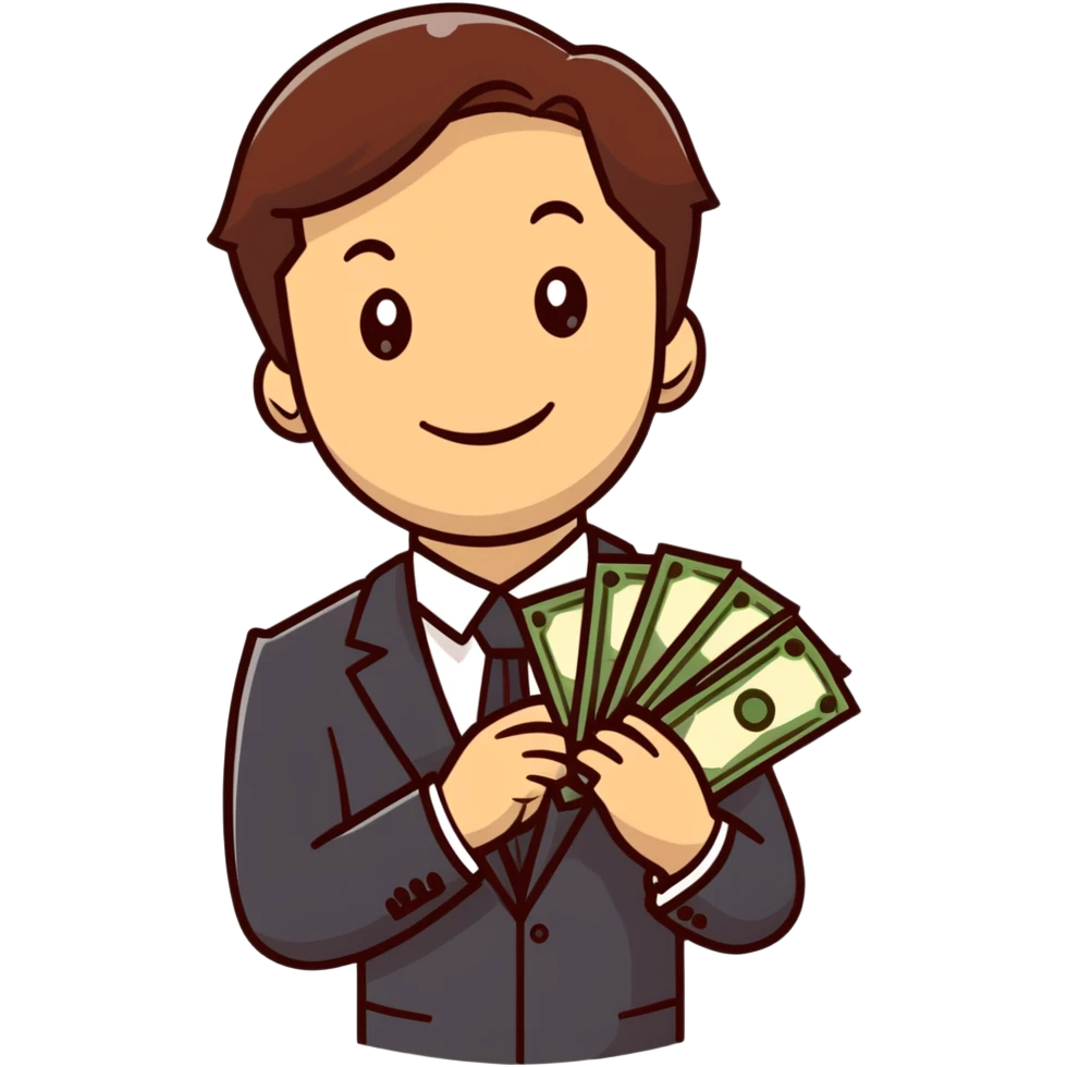 white male in a suit with money in his hand, smiling expression, happy face, brown hair emoji
