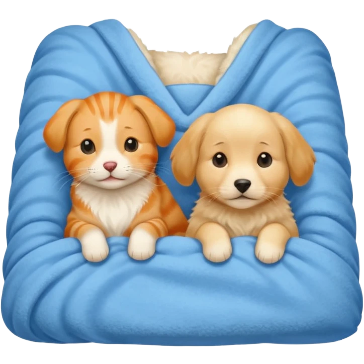 An Orange cat and an English cream retriever dog in a blue blanket  emoji