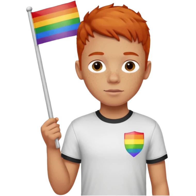 A gay, ginger, young, freckled, boy with a shirt with the name JUDE on it in red marker, holding a pride flag emoji