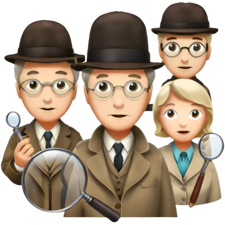 Icon for Detective Movies: A colorful collage with Sherlock Holmes, Miss Marple, and Pinkerton. Include magnifying glasses, clues, detective tools, a criminal and a policeman in the background. The design should evoke mystery and intrigue, with a classic detective movie feel. Transparent background. emoji
