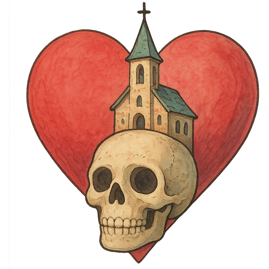 ghibli style heart, skull, and church combined as one symbol emoji