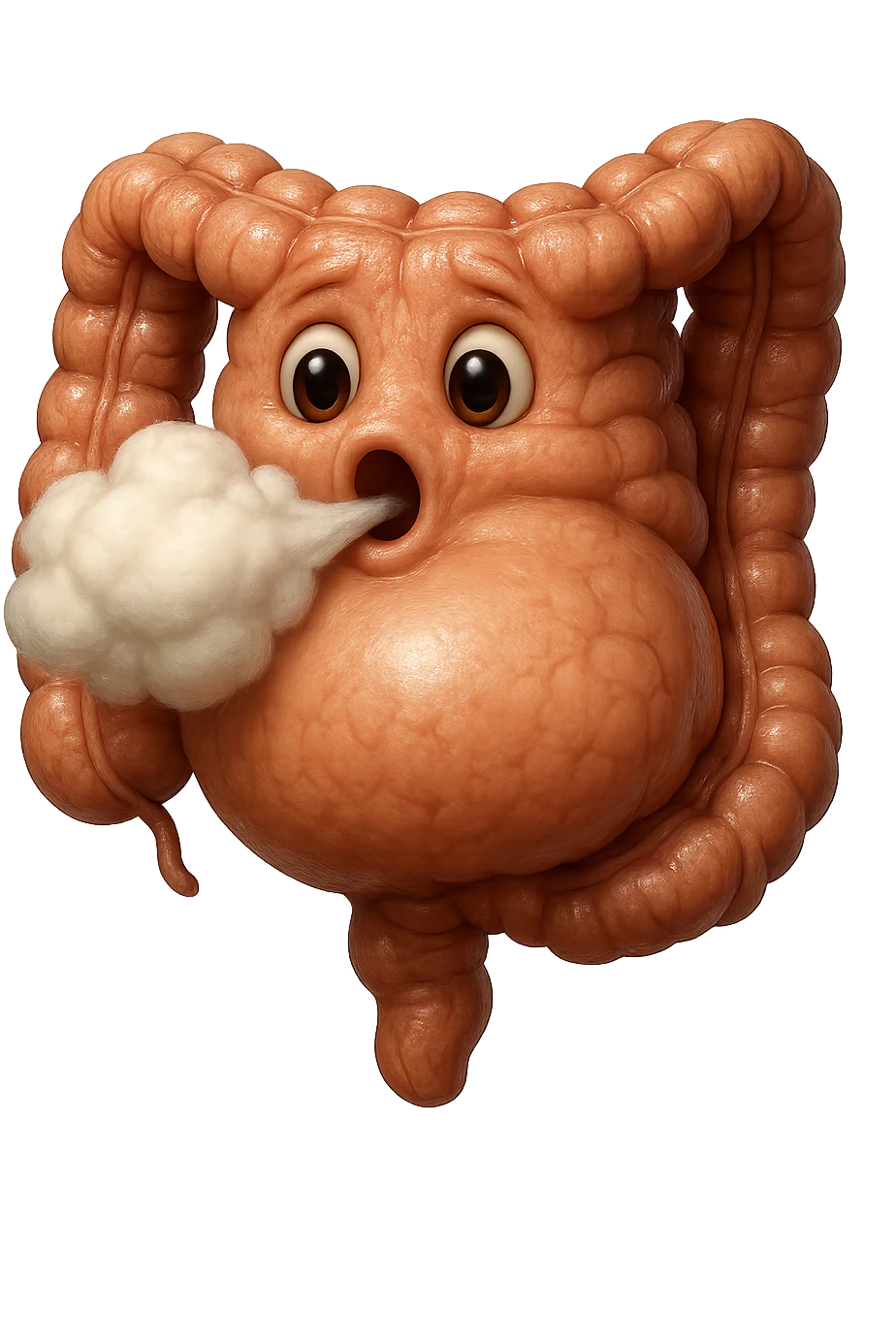 emoji stile iphone di un intestino che ingoia una nuvoletta di aria ben visibile e gli si gonfia la pancia, non fargli il naso, iperrealistico 4k emoji