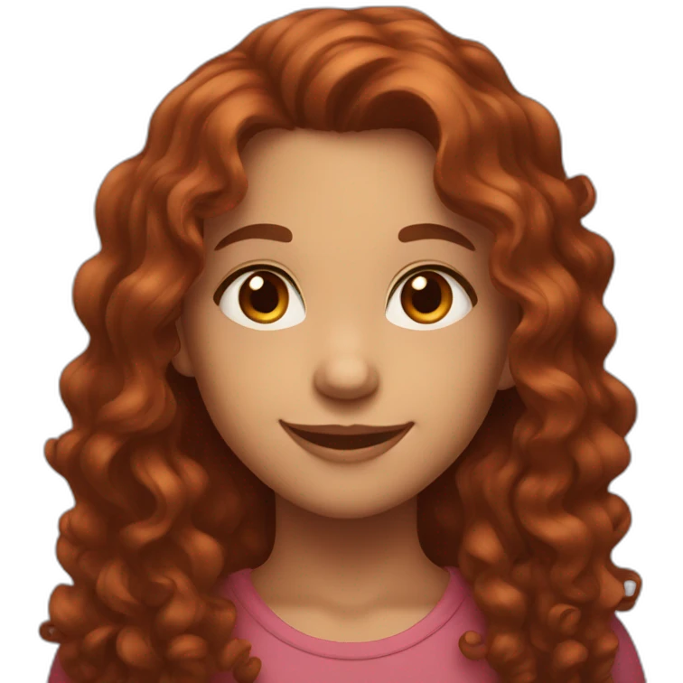 A girl with curly dark red long hair and brown eyes smiling emoji