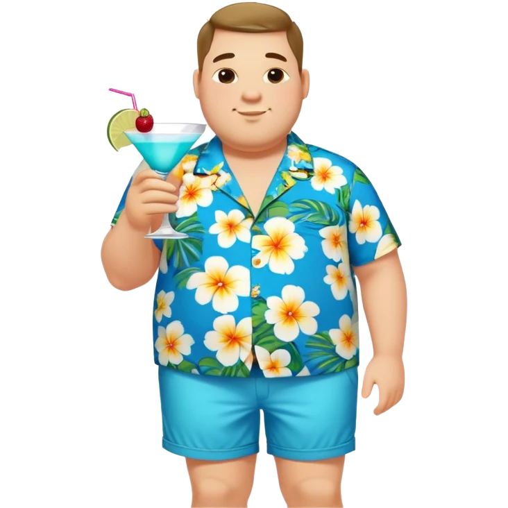 chubby guy full figure in a flowered azure havai shirt and shorts holding a cocktail emoji