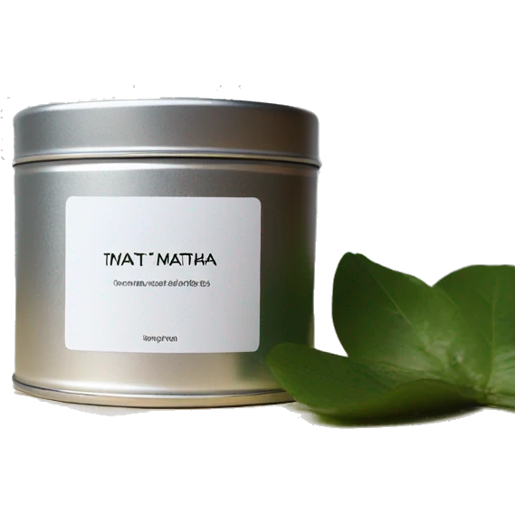 minimal matcha scented candle in small silver tin with realistic label emoji