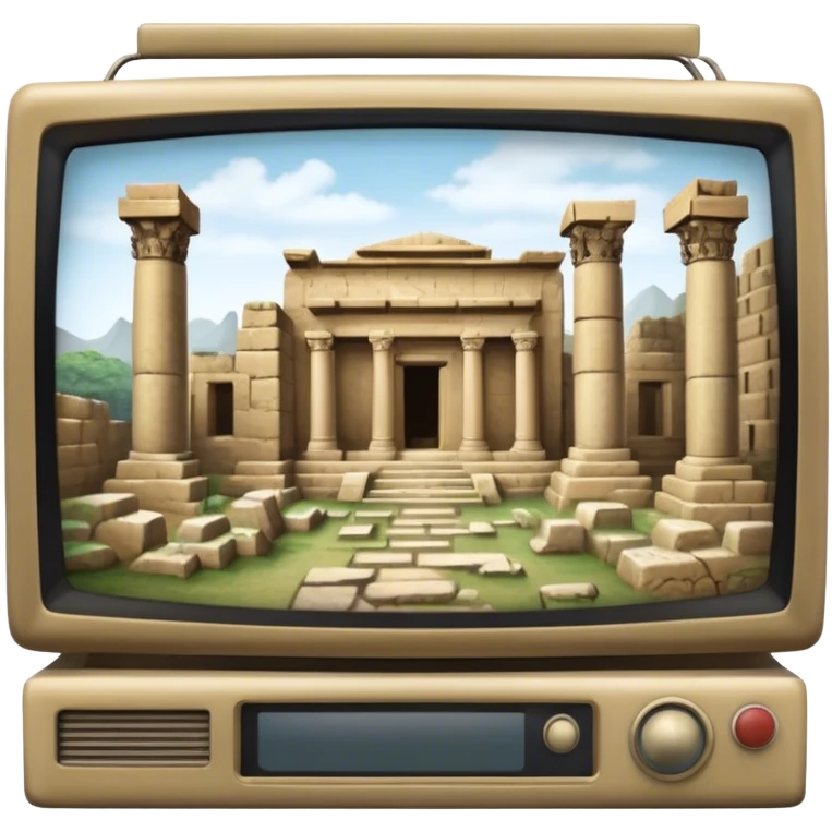 Icon for Documentary Film (TV style): A large TV screen with a host presenting in front of video footage showing ancient ruins. The design should evoke a vintage TV broadcast with historical content, complete with a clear view of the host and the ruins behind. Transparent background. emoji