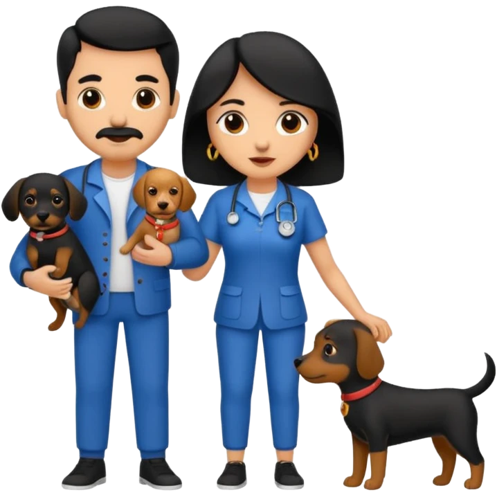 Pareja hombre y mujer, pelo negro ambos, y con dos perritos pincher en sus brazos emoji