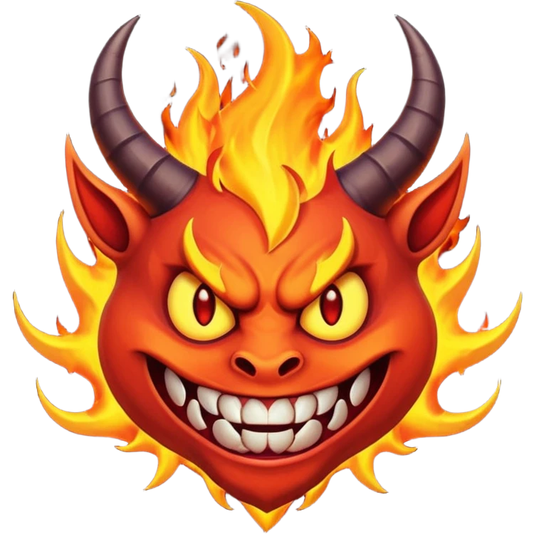 Create a dark-themed emoji of a demonic face with sharp, curved horns, glowing white eyes, an evil grin with large pointed fangs, and abstract flame-like patterns around the face. The background should be pure black. emoji