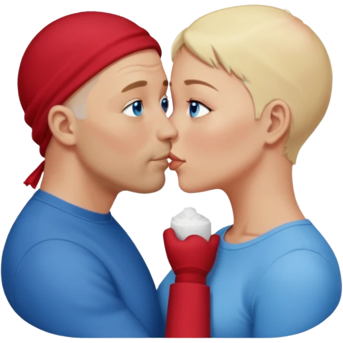 middle aged bald man with salt and blonde scruff, blue eyes and short haired blonde woman with blue eyes kissing each other emoji