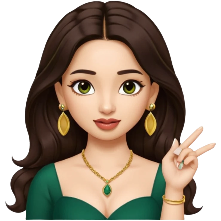 pretty bratz genmoji that looks like tamannah bhatia (bollywood actress), wearing a dark green sweetheart neckline top, dark brown hair, light makeup, no necklace, dangly earrings, side hair part, fair. dark brown eyes, long hair

Show her licking her finger  emoji