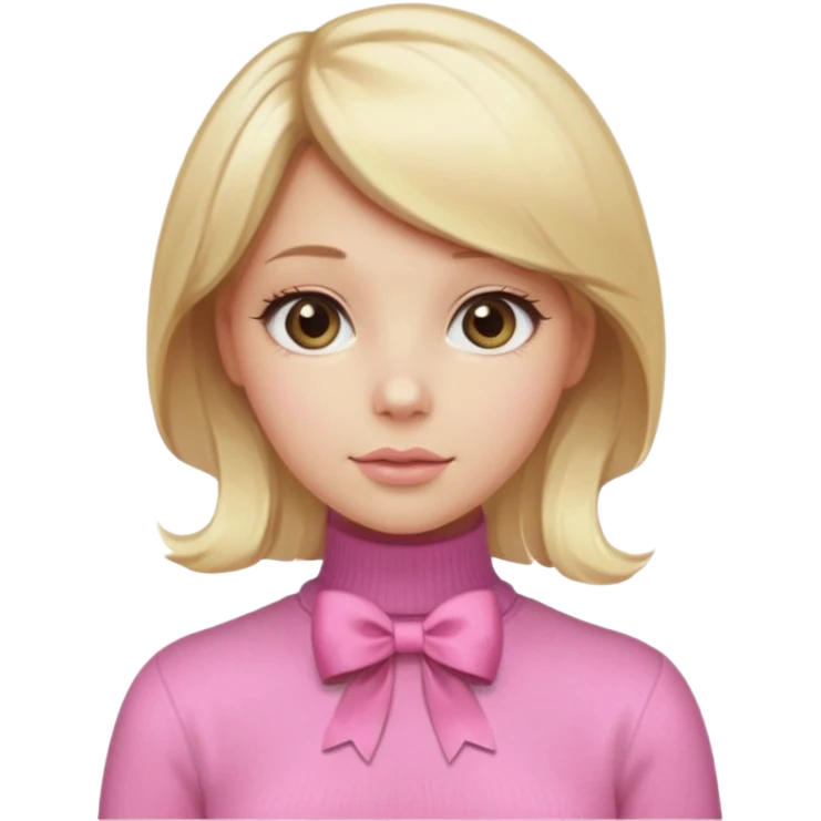 دختری با موی بلوند و پاپیون صورتی روی سرش و یه لباس  یقه اسکی صورتی کم رنگ که شاینی هست emoji
