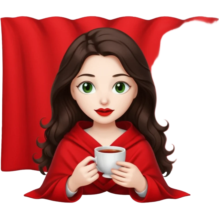 Long wavy dark brown haired, white skinned, dark green eyed girl with red lipstick wrapped in a red and white blanket, sipping tea and reading a book emoji