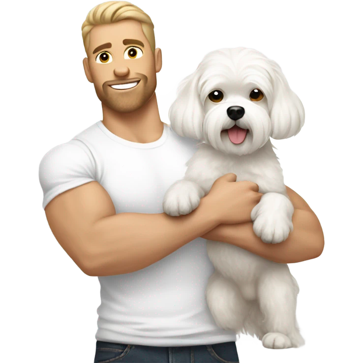 White muscle guy holding small white Maltese dog emoji