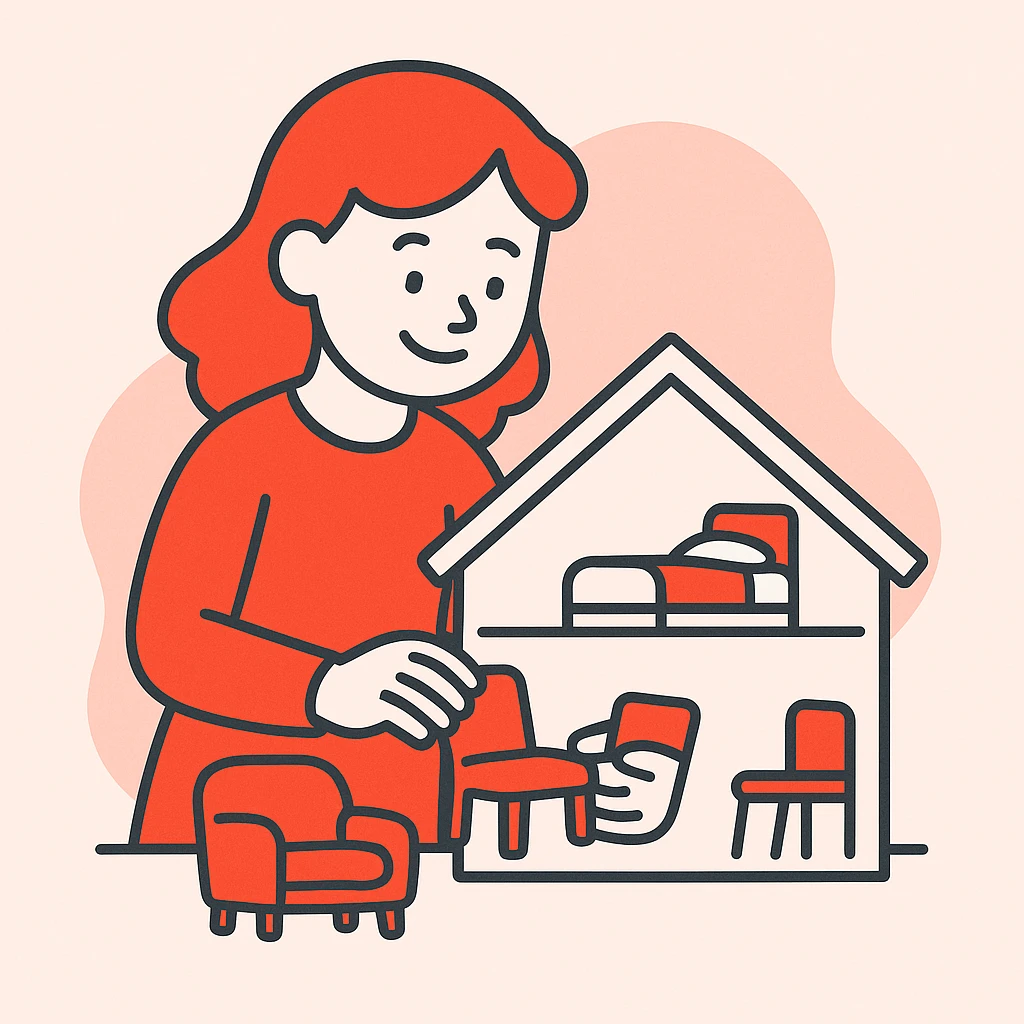 smiling girl arranging furniture in doll house emoji