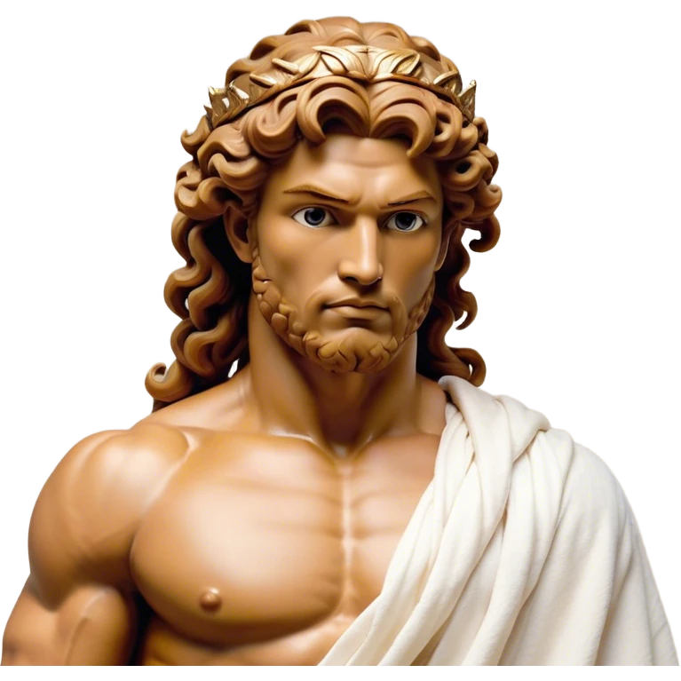Cinematic Realistic Hercules Portrait, depicted as a classical Greek hero merging the fierce masculinity of Hercules with the refined face of Michelangelo's David. His light tan, chiseled skin glows with timeless strength, and his thick, curly, golden brown hair cascades in natural, sculpted curls reminiscent of a warrior’s mane. Draped in a flowing white robe with delicate golden accents and crowned with a traditional Greek laurel wreath, his intense, determined eyes exude noble might, all rendered under dynamic natural lighting with a mythic, radiant glow. emoji
