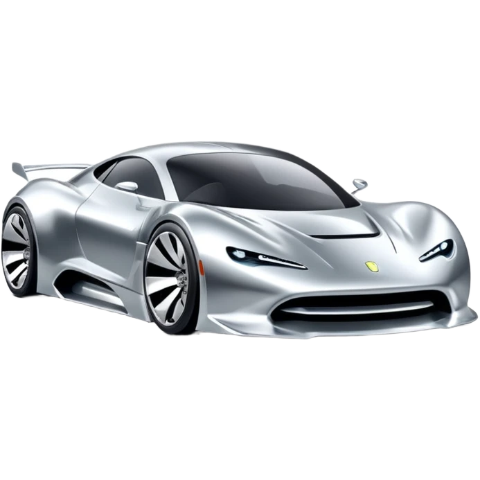 A low-profile futuristic car emoji made of polished silver chrome, wide body stance, smooth aerodynamic shape, glossy metallic surface, soft reflections, luxury swag aesthetic, minimal details, iOS emoji style, centered on clean white background, studio lighting emoji