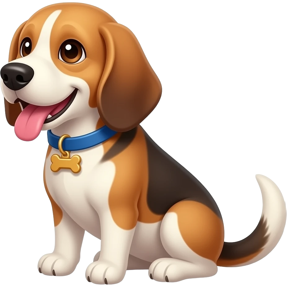 beagle dog with blue collar, collar has bone shaped pendant, sitting, toungue out, smiling, dumb looking, tongue out from the side, big tail emoji
