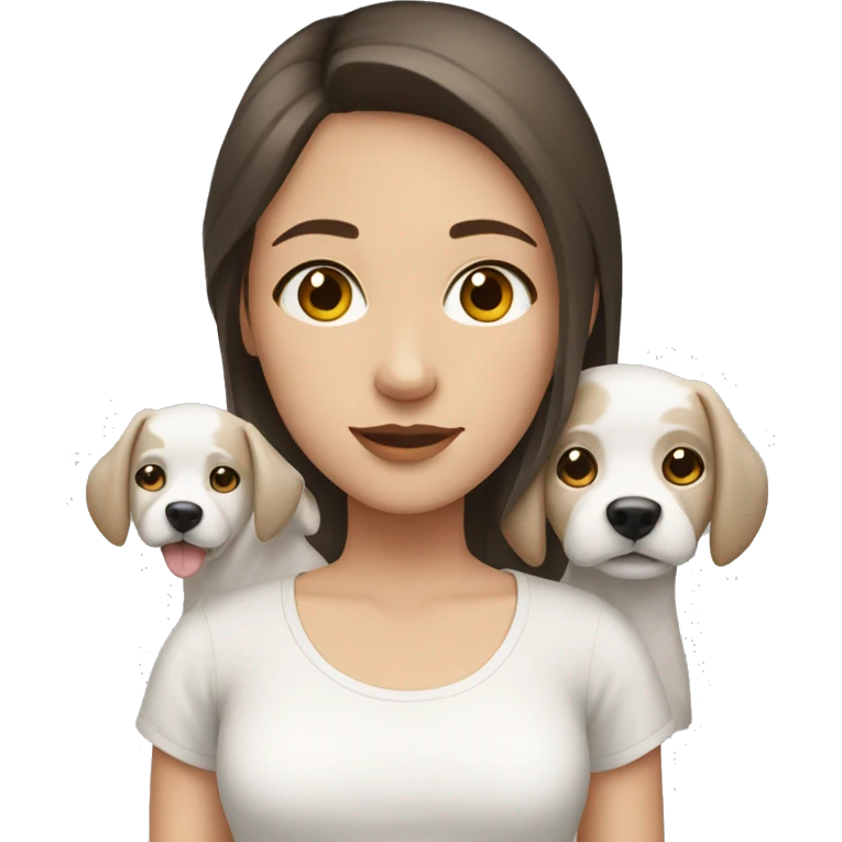 Girl teenage, white pale, brunette hair, brown eyes, with two white dogs  emoji